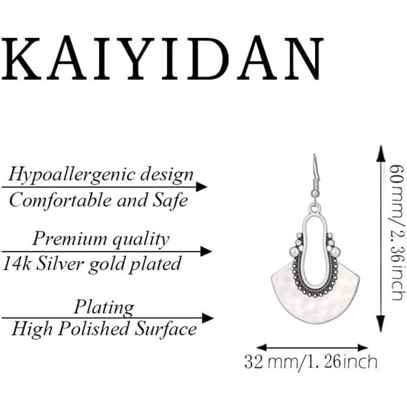 Silver Fan Dangle Boho Dangle Statement Vintage Dainty Earring for Women - Picture 4 of 9